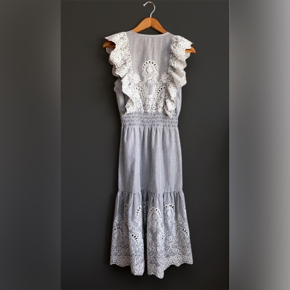 Saylor Striped Gray White Floral Embroidered Midi Dress Wedding Romantic Cottage - Picture 6 of 13